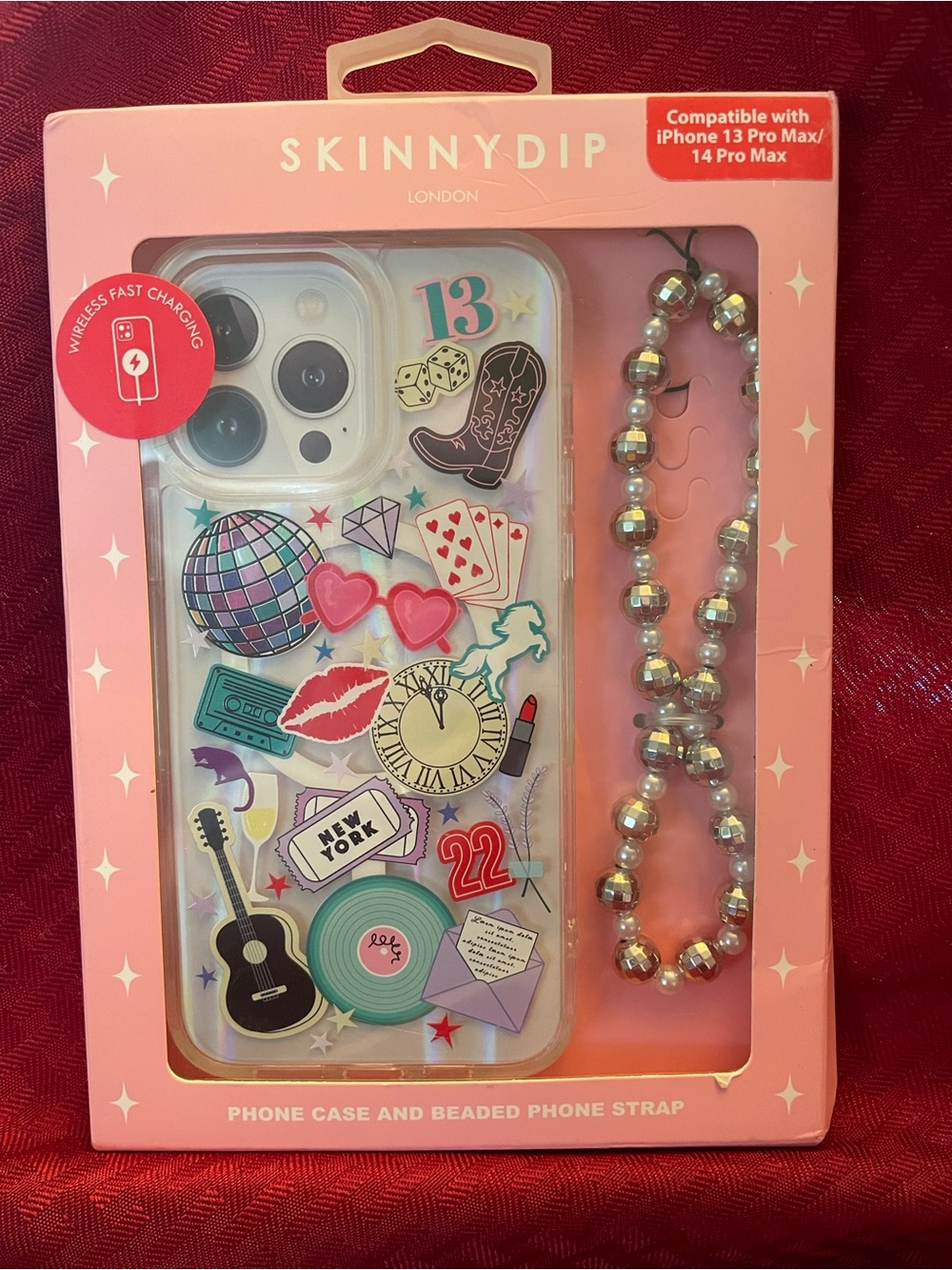Skinnydip Clear Sticker-Print iPhone Case with Beaded Strap - Pink Accents